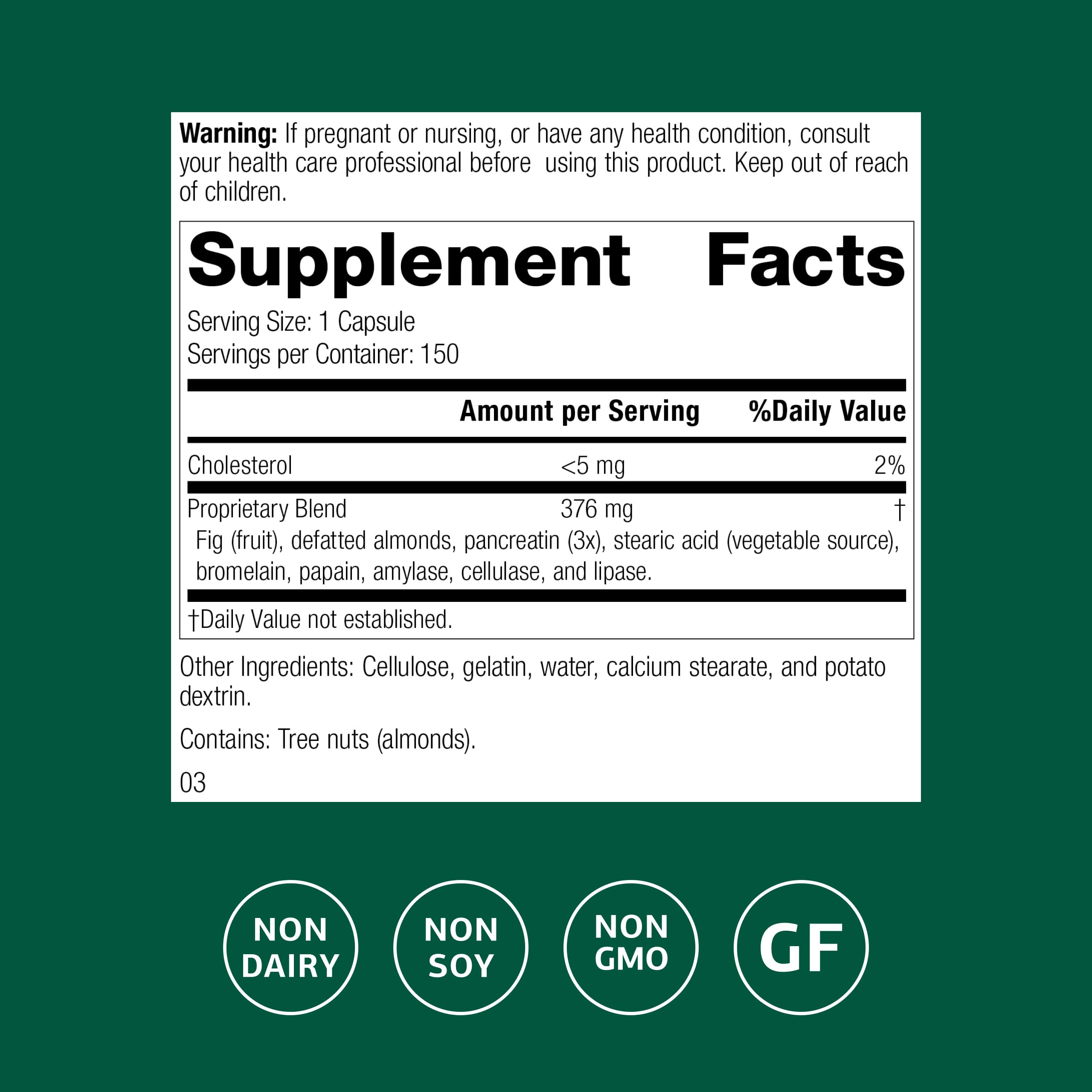 Multizyme capsules close-up highlighting gluten-free, dairy-free, and soy-free options