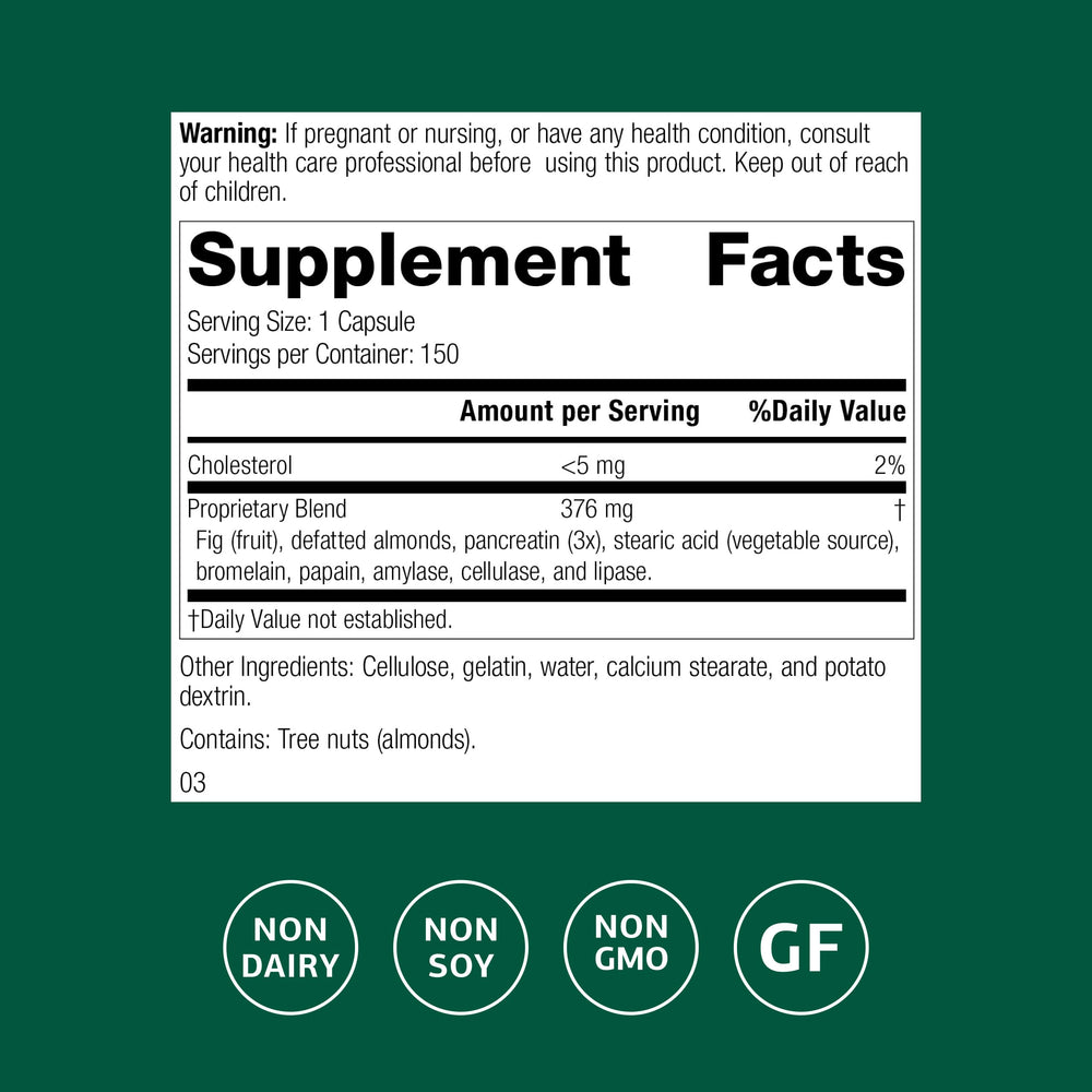 Multizyme capsules close-up highlighting gluten-free, dairy-free, and soy-free options