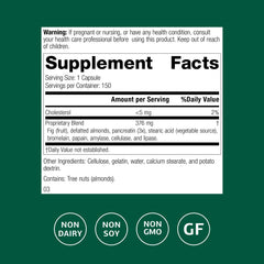 Multizyme capsules close-up highlighting gluten-free, dairy-free, and soy-free options