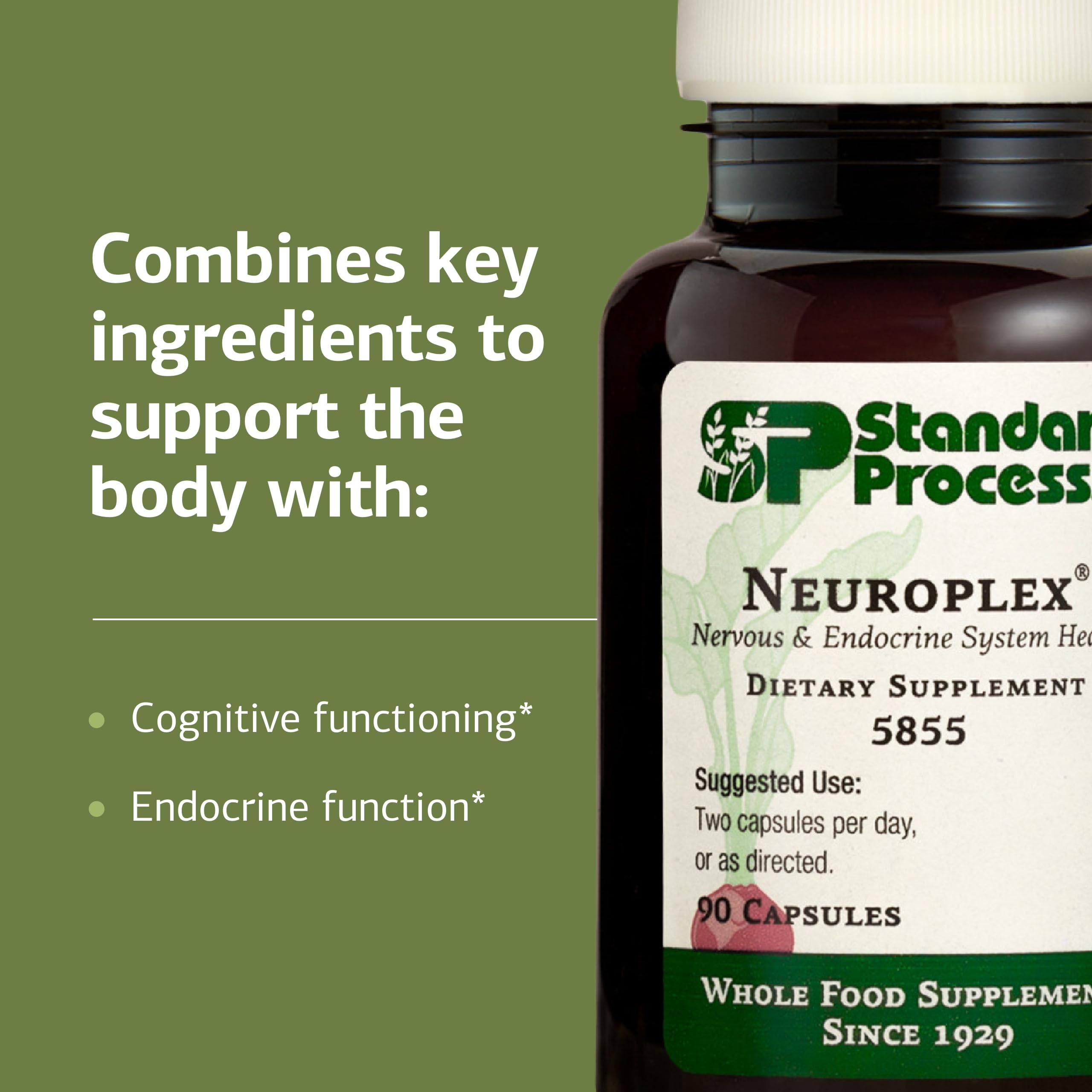 Neuroplex ingredient panel shows vitamins and minerals for balanced daily nutrition.