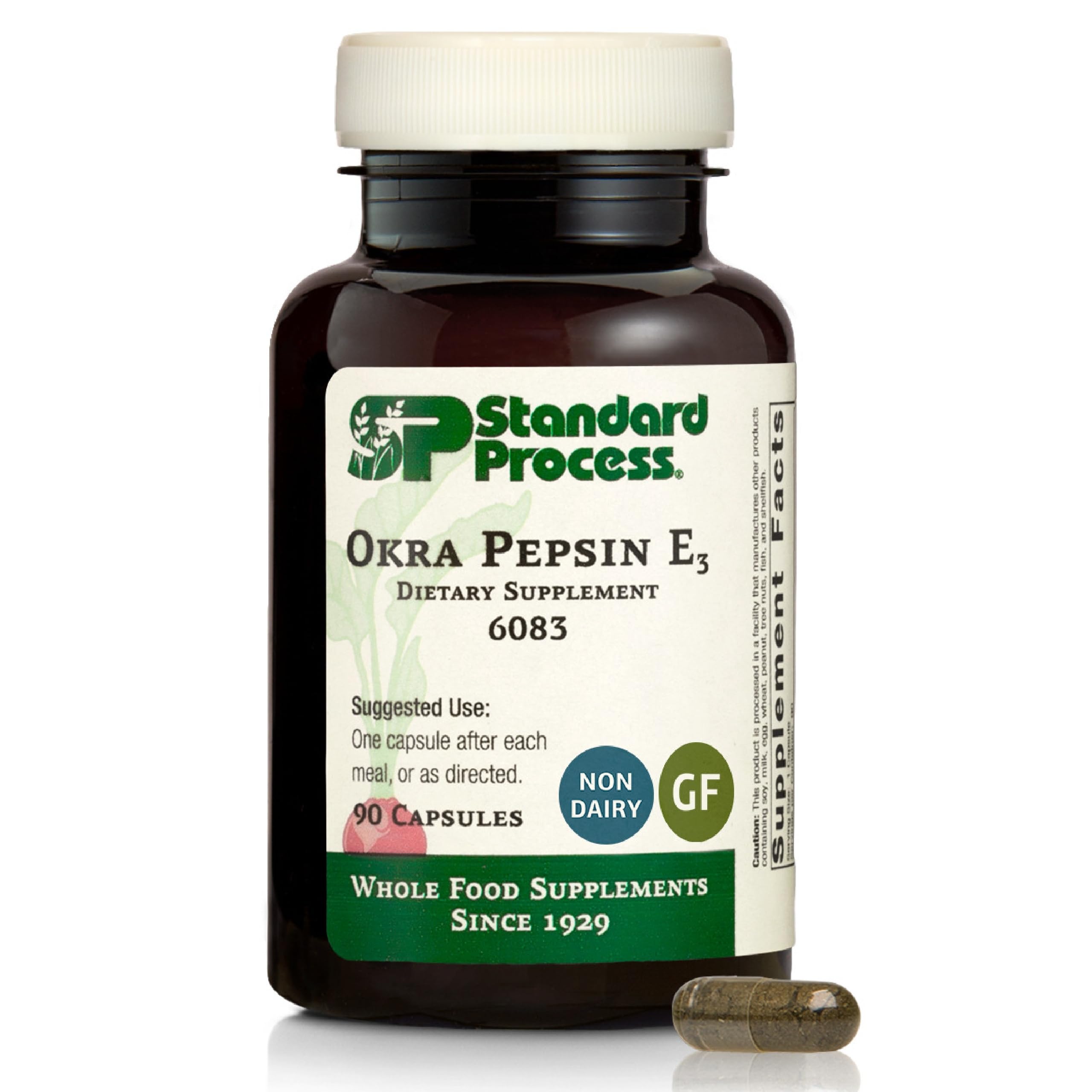 Standard Process Okra Pepsin E3 bottle ready for daily digestive support.