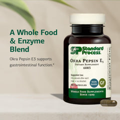 Okra Pepsin E3 label highlighting gluten-free, dairy-free, and soy-free features.