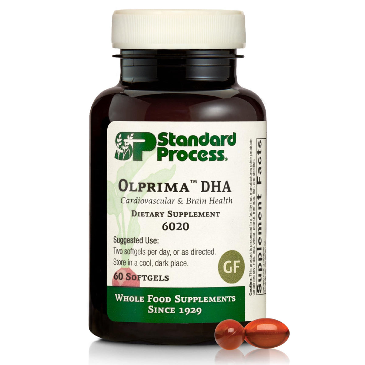 Standard Process Olprima DHA bottle shown for convenient heart and brain support.