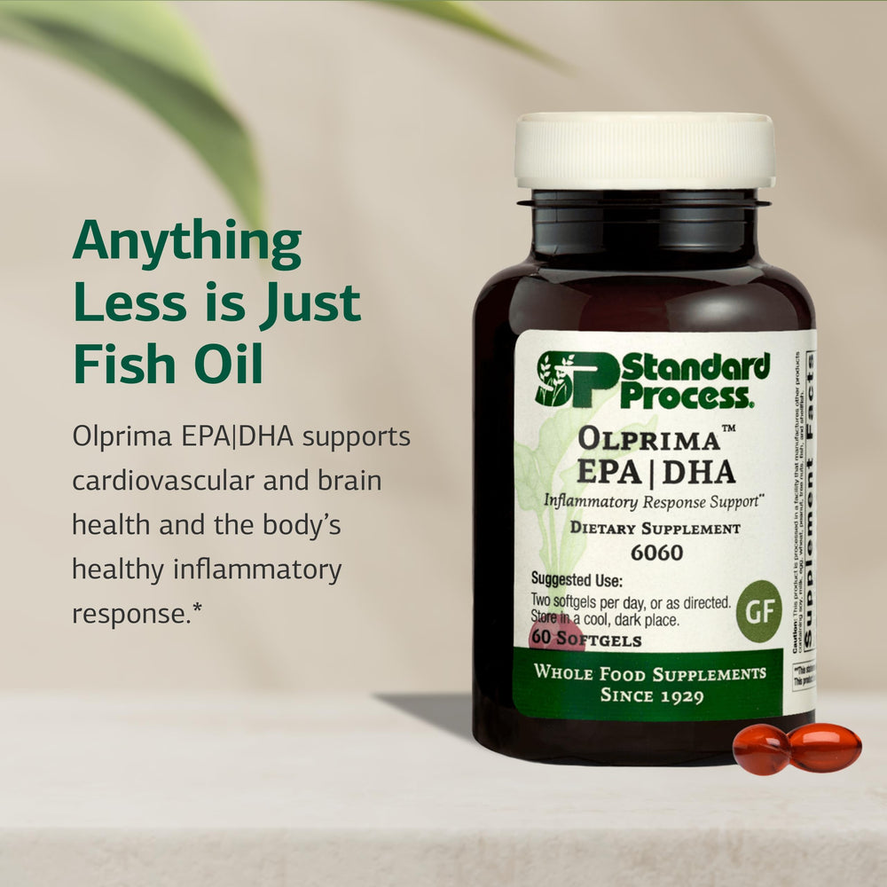 Standard Process Olprima EPA|DHA bottle label highlights omega-3 ingredients.
