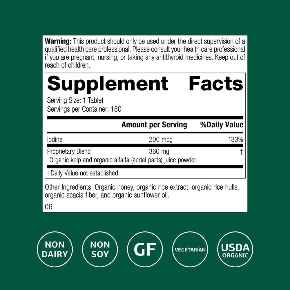 Closeup of Organically Bound Minerals label showing whole-food iodine from alfalfa and kelp