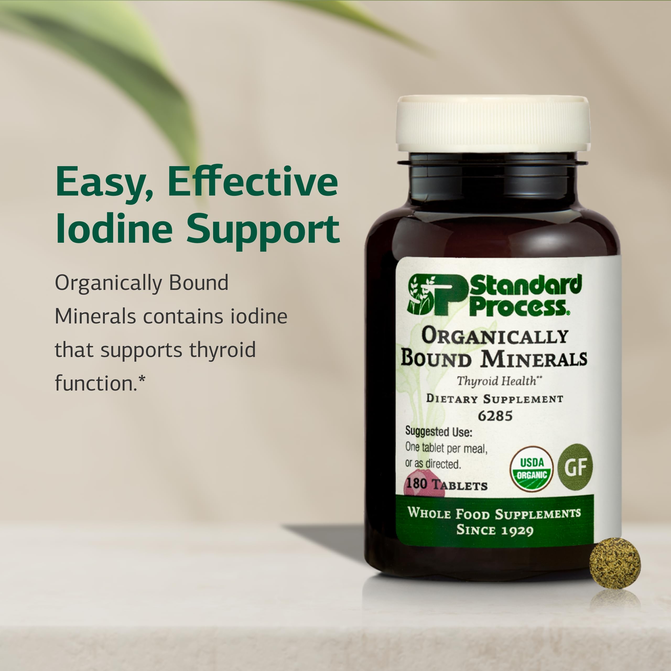Tablets dispensed from Organically Bound Minerals bottle for daily use