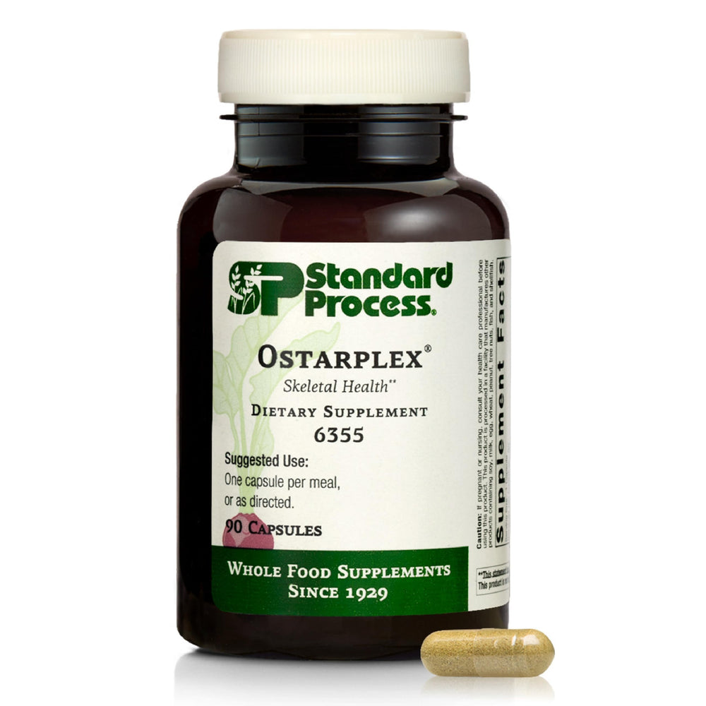 Standard Process Ostarplex bottle front label highlighting connective tissue support and vitamin B6.