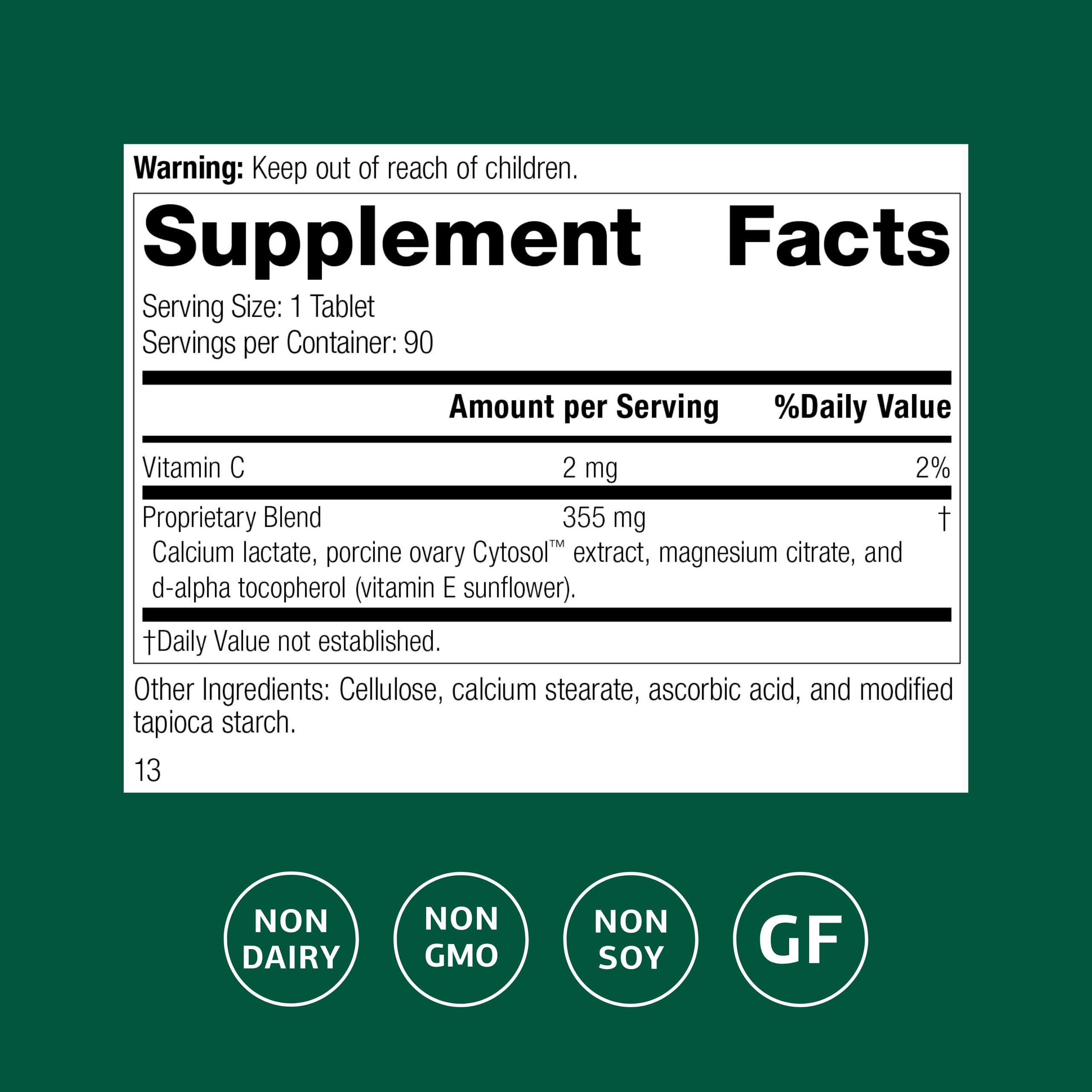 Standard Process Ovex P bottle with label showing gluten-free and dairy-free features.