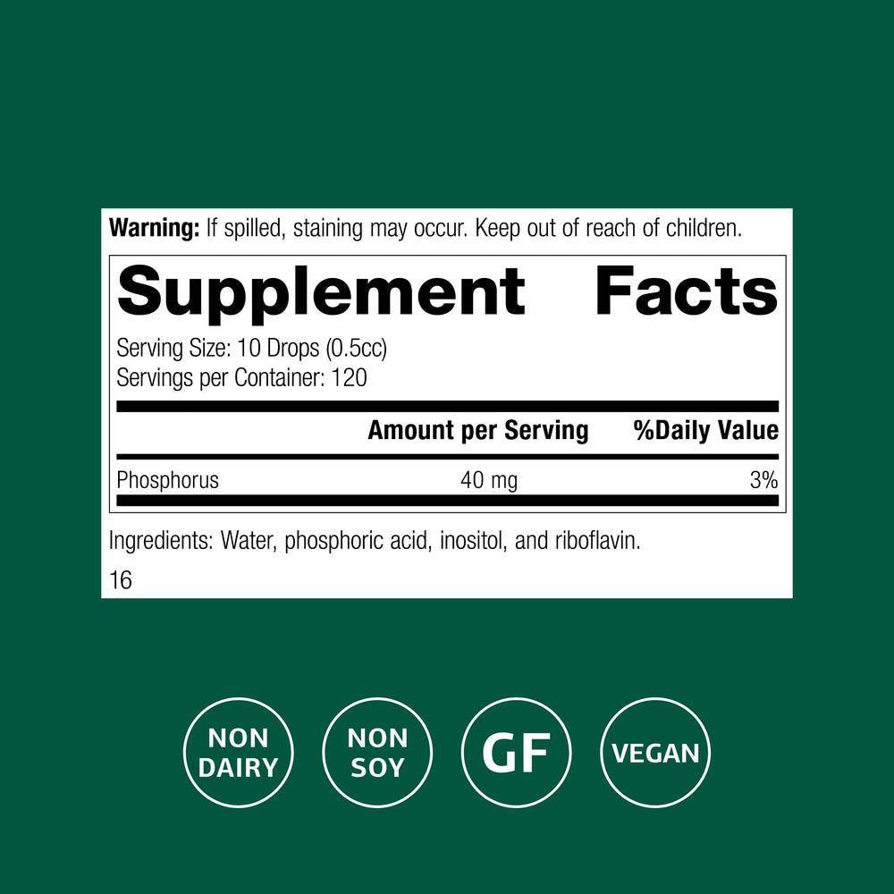 Standard Process Phosfood Liquid label shows gluten-free, vegan, and non-soy features.