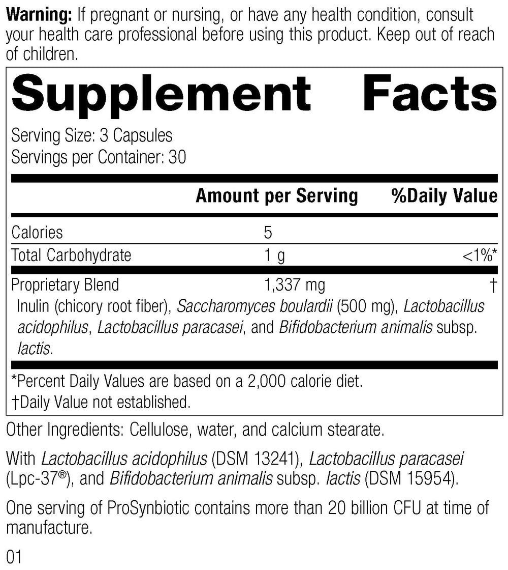 ProSynbiotic label closeup highlighting probiotic blend for digestive balance.