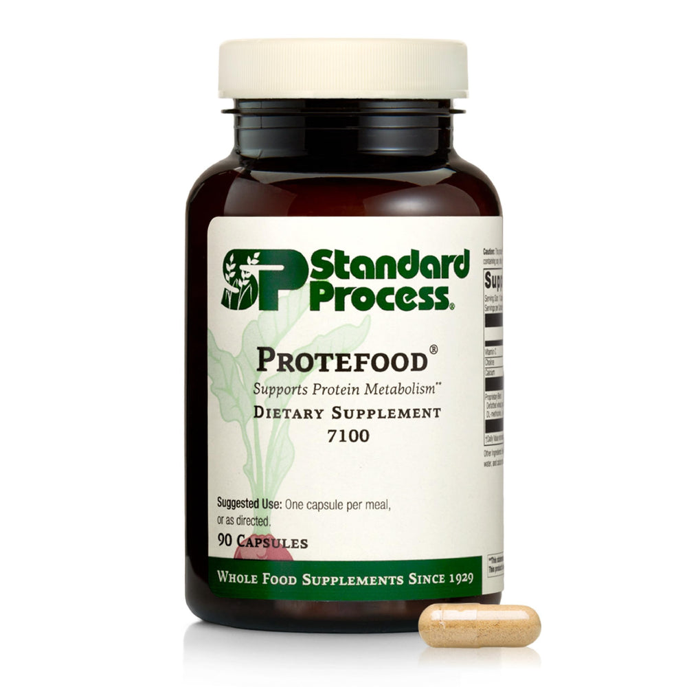 Standard Process Protefood bottle shown as a whole-food based supplement for bone and immune health.