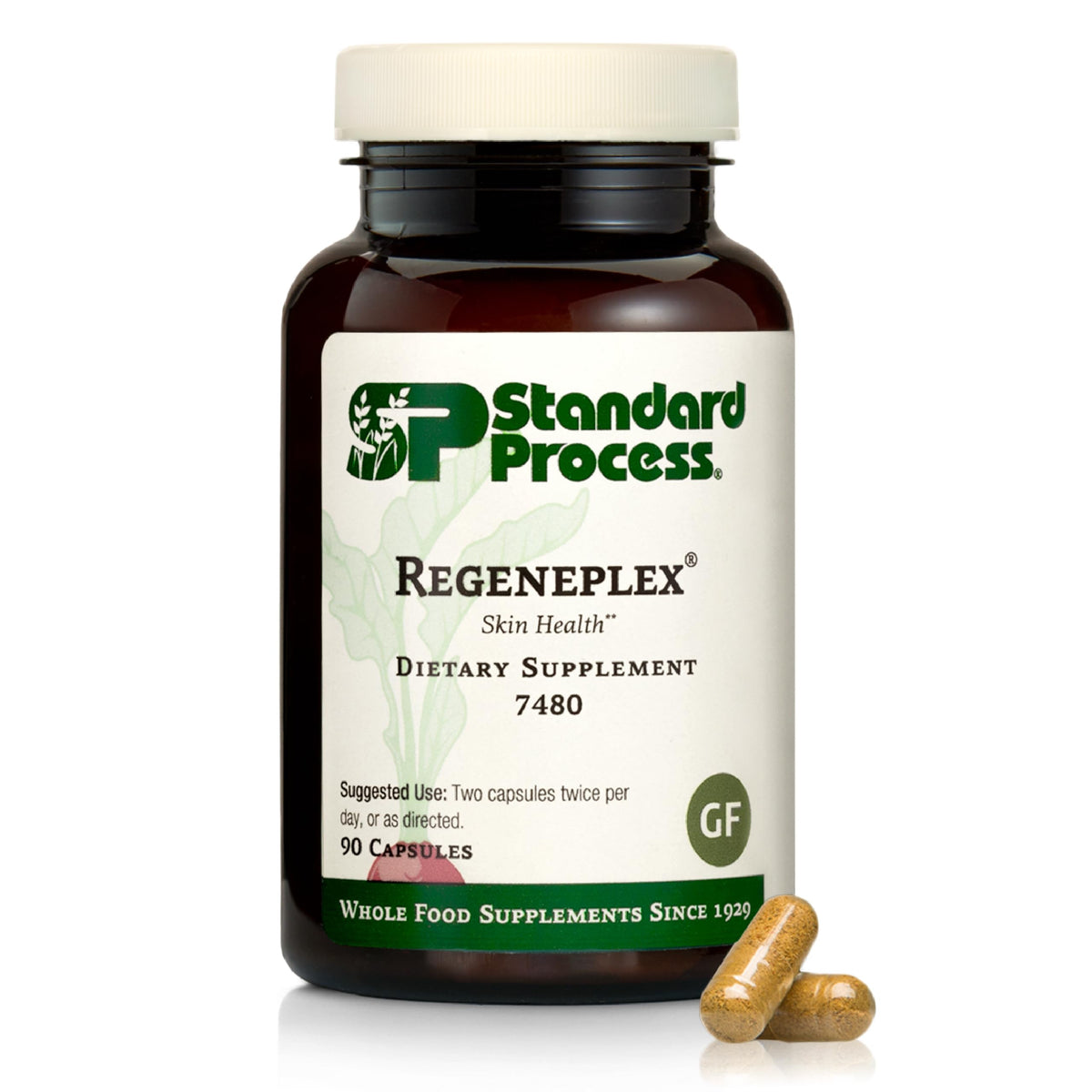 Standard Process Regeneplex bottle label highlighting gluten-free skin support.