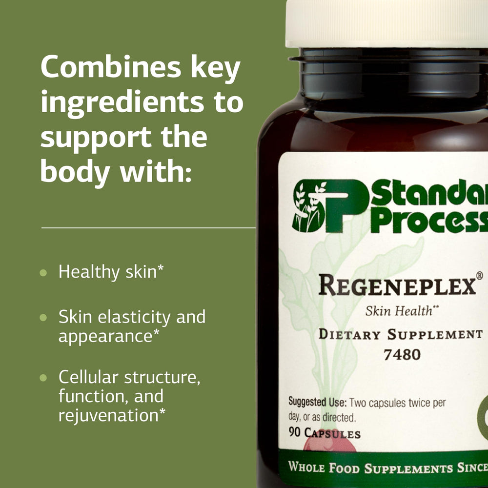 Standard Process Regeneplex tablets inside a bottle ready to use.
