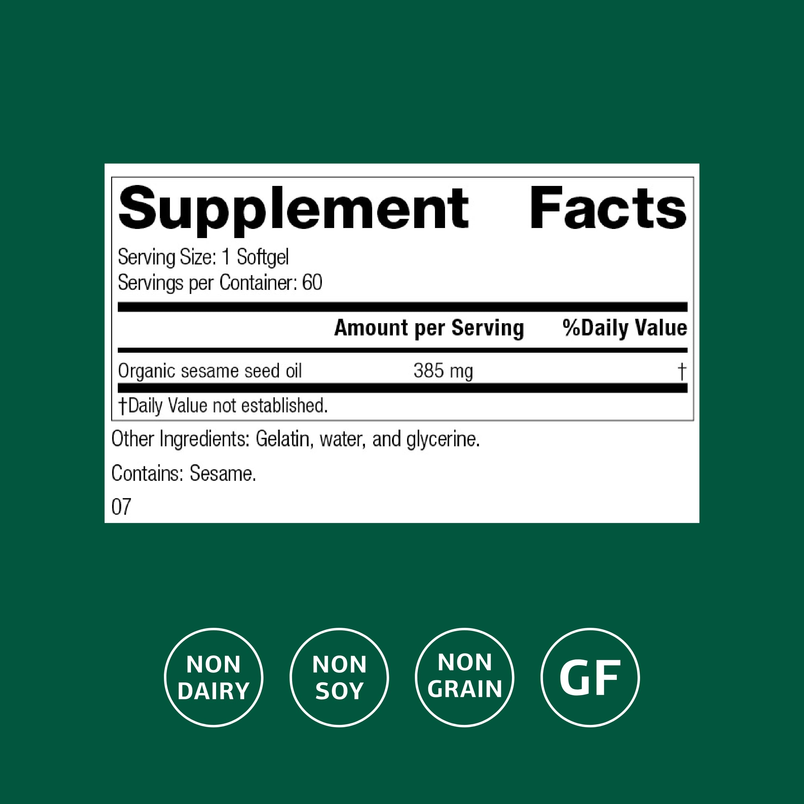 Closeup of the Standard Process sesame seed oil softgels label highlighting quality