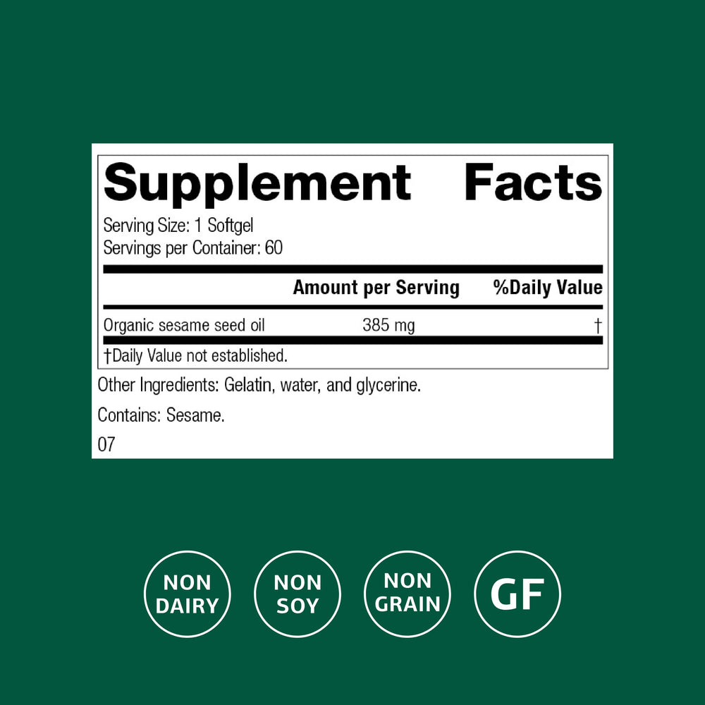 Closeup of the Standard Process sesame seed oil softgels label highlighting quality