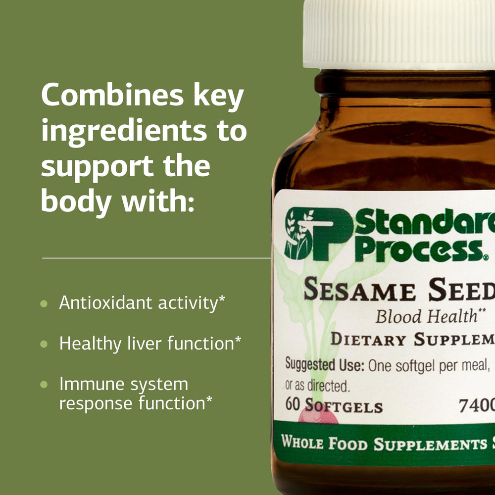 Standard Process sesame seed oil softgels on a kitchen counter for daily use