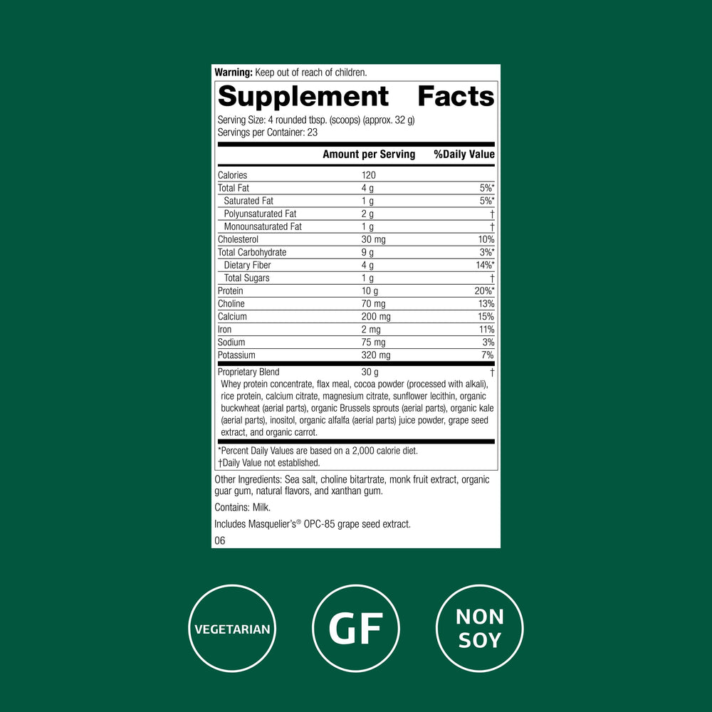 Standard Process SP Complete chocolate bottle side — ingredients supporting antioxidant activity