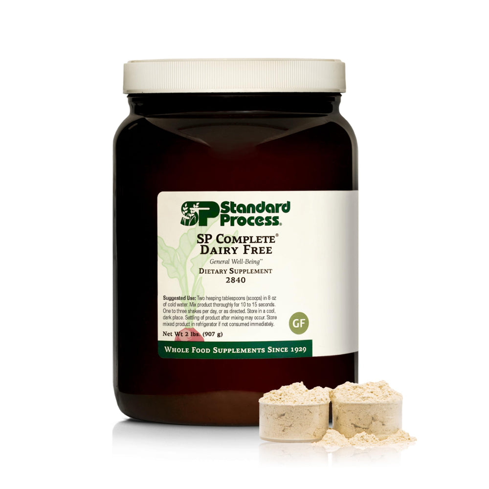 Standard Process SP Complete Dairy-Free rice protein powder bottle highlights vegan protein for gut health