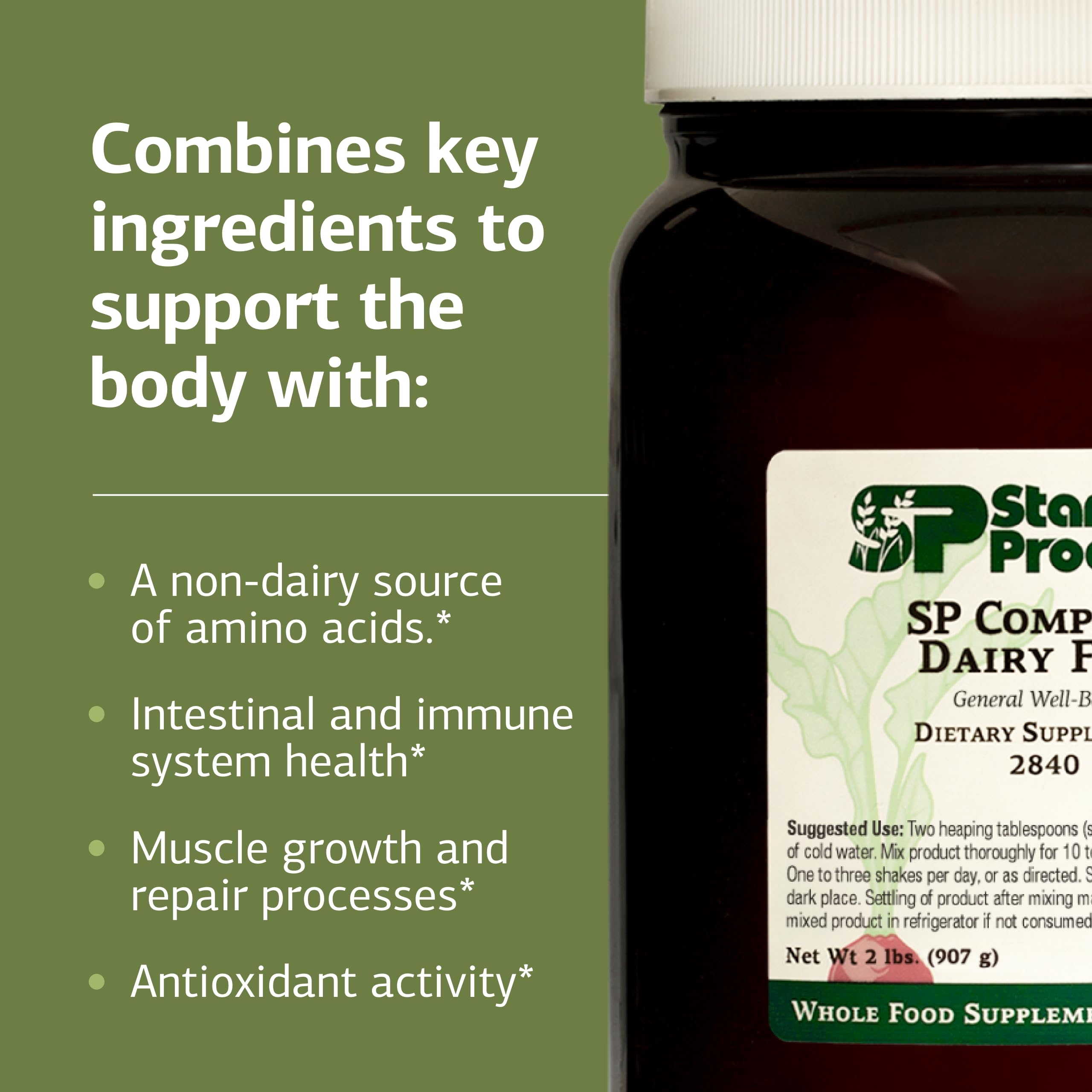 Standard Process SP Complete Dairy-Free rice protein powder nutrition label highlights fiber and calcium