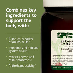 Standard Process SP Complete Dairy-Free rice protein powder nutrition label highlights fiber and calcium