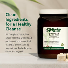 Standard Process SP Complete Dairy-Free rice protein powder serving cup emphasizes clean plant protein