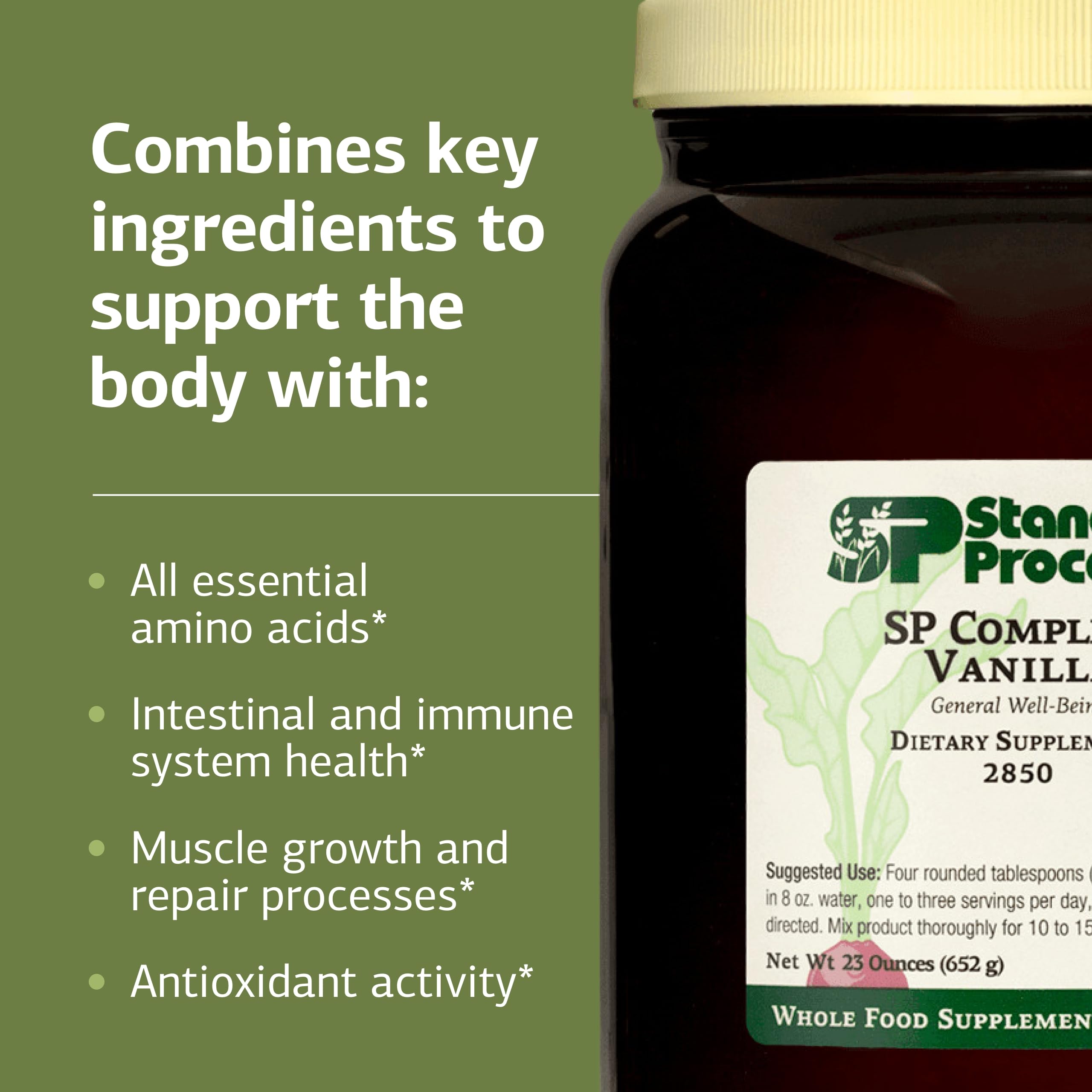 SP Complete vanilla label closeup emphasizing gluten free and non soy features