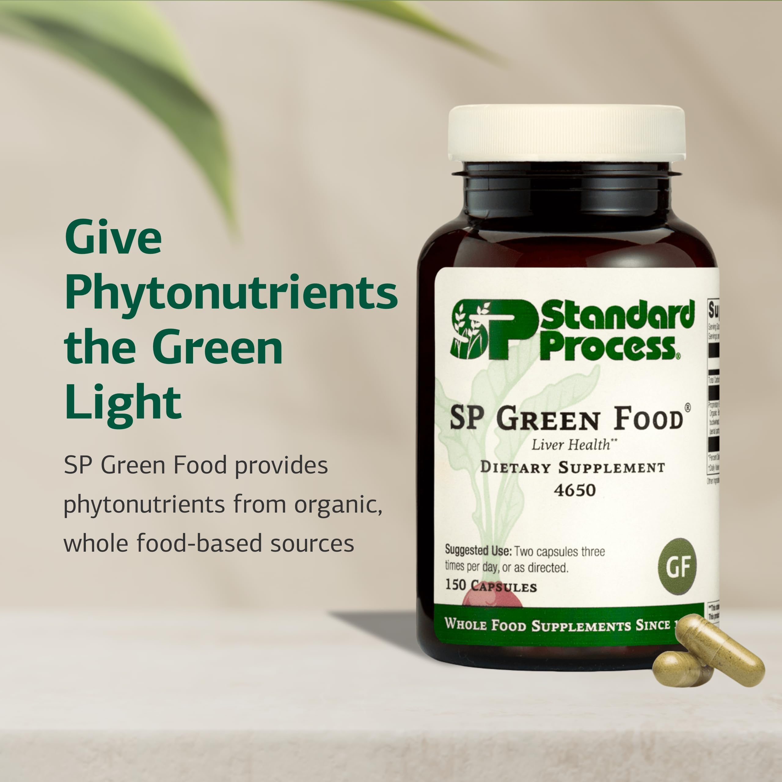 Standard Process SP Green Food image features alfalfa, kale, and Brussels sprouts as nutrient-dense ingredients supporting metabolism