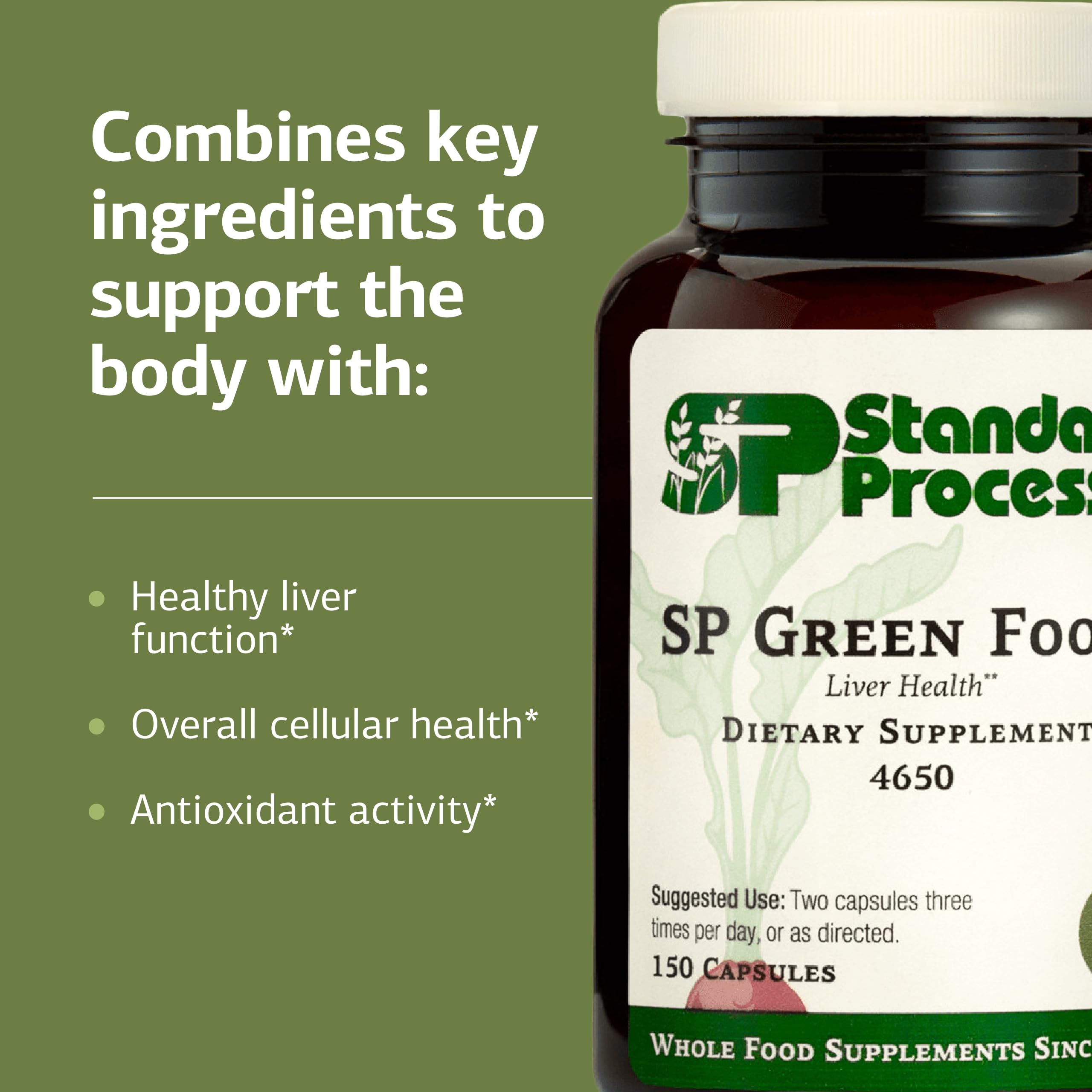 Standard Process SP Green Food bottle pour demonstrating the simple two-capsule dose for daily use