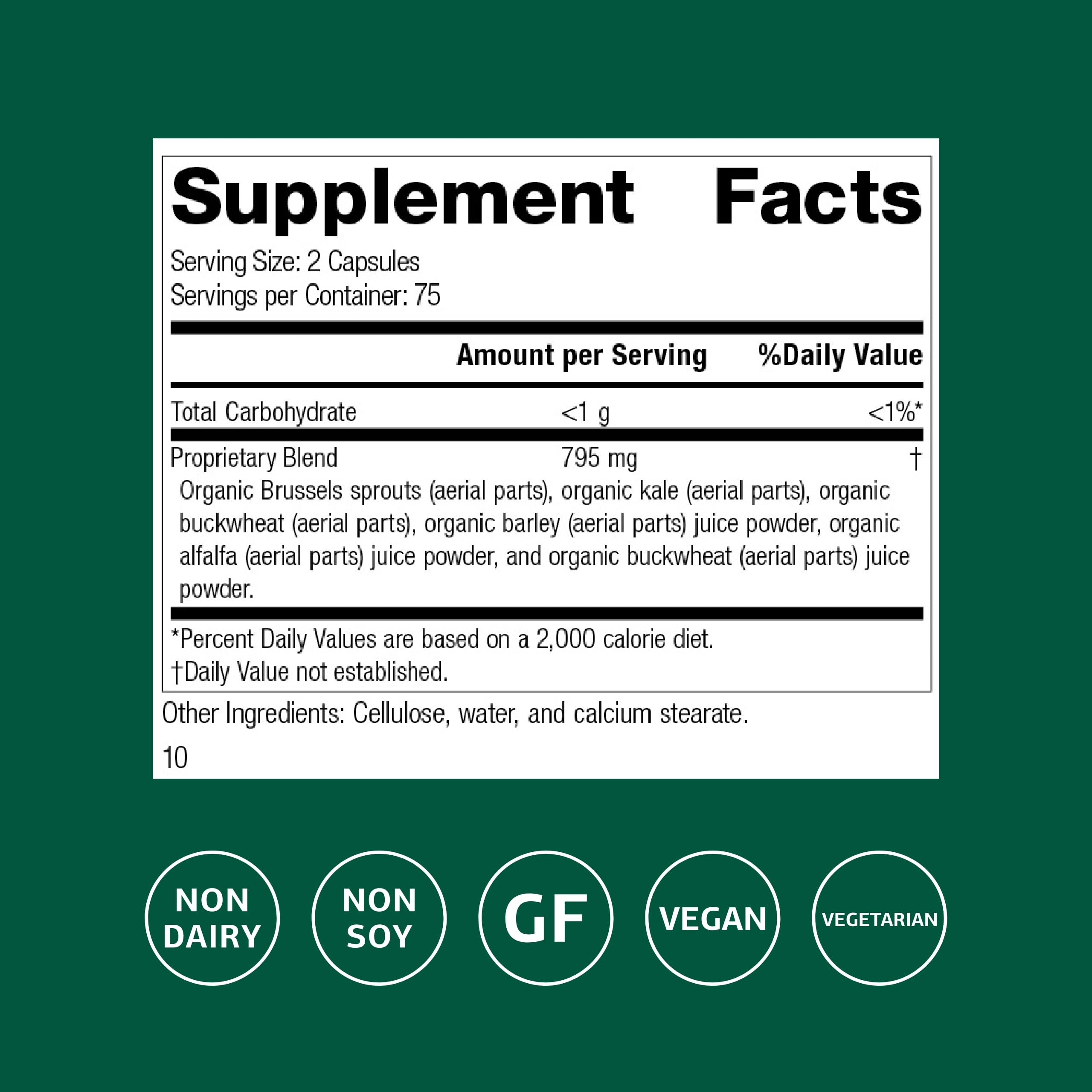 Standard Process SP Green Food capsules close-up highlighting vegan and gluten-free status