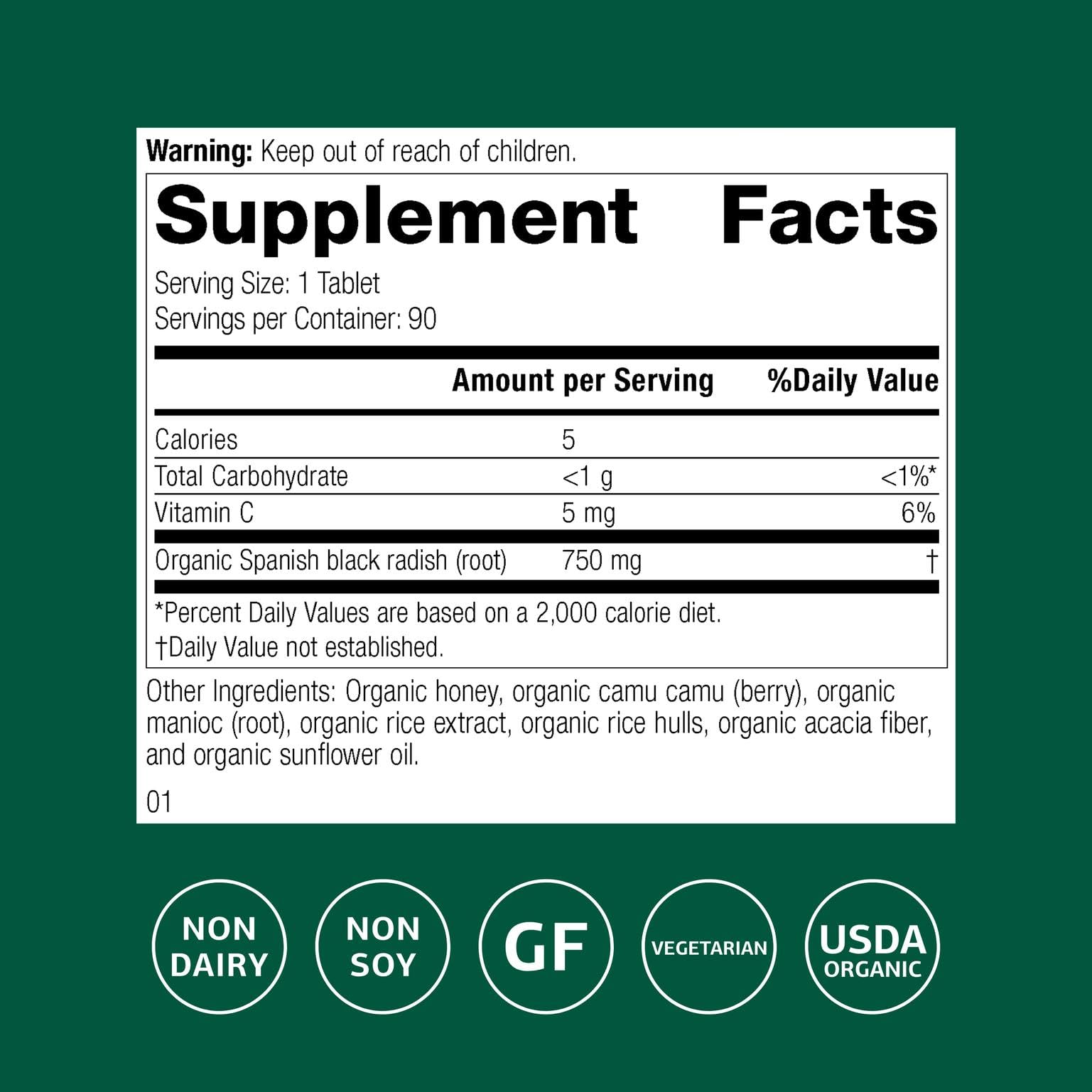 Standard Process Spanish Black Radish bottle side shows gluten-free, dairy-free, and soy-free formulation.