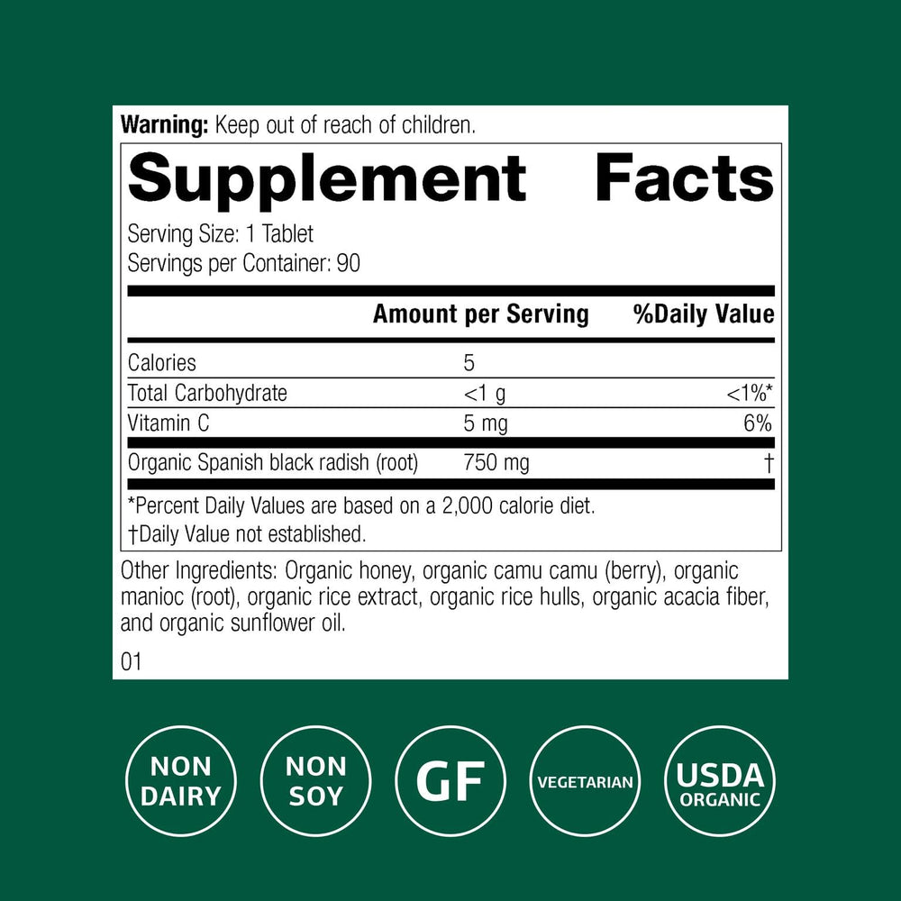 Standard Process Spanish Black Radish bottle side shows gluten-free, dairy-free, and soy-free formulation.
