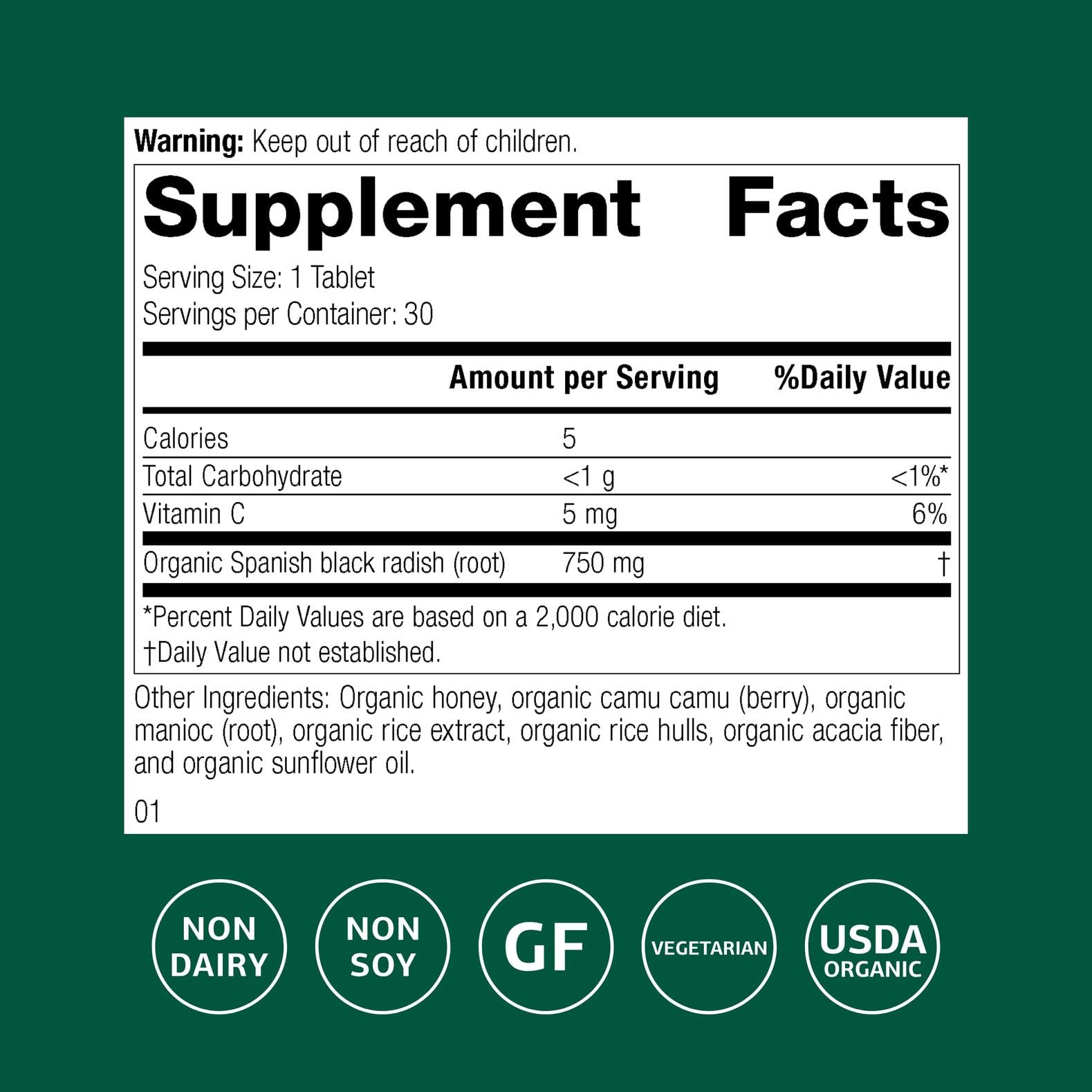 Standard Process Spanish Black Radish tablets close-up highlighting digestion support