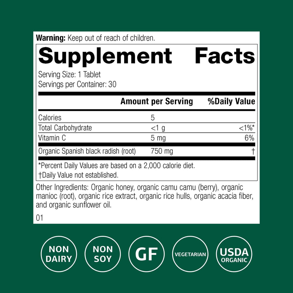Standard Process Spanish Black Radish tablets close-up highlighting digestion support