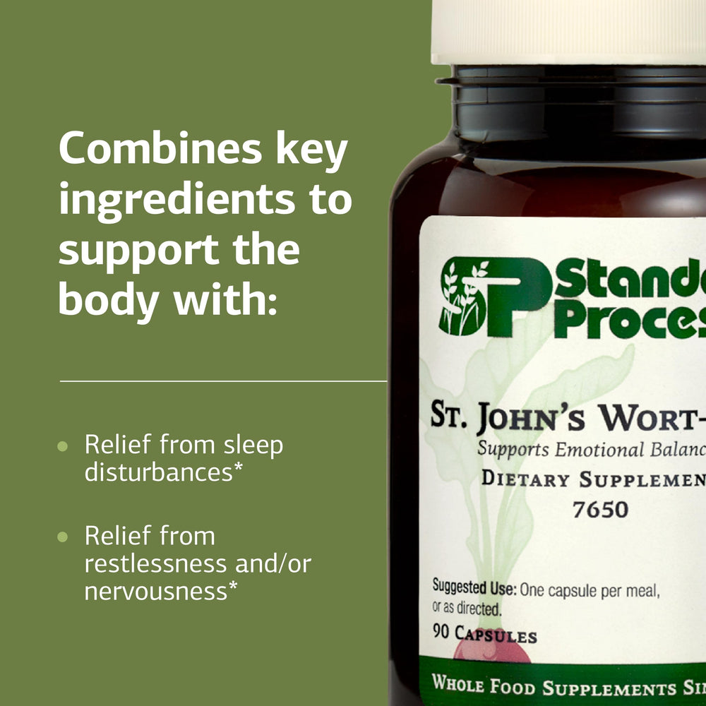 Standard Process St. John's Wort-IMT capsules closeup shows smooth coating and easy dosage.
