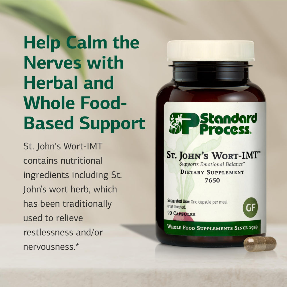 Standard Process St. John's Wort-IMT capsules on tray suggest convenient daily support.