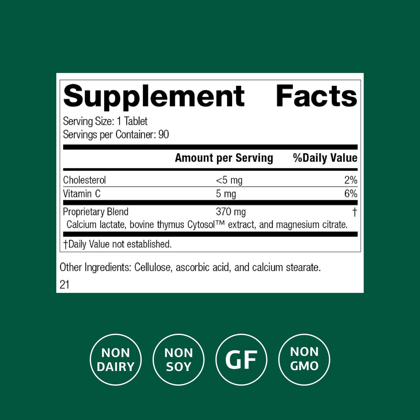 Standard Process Thymex bottle back label detailing ingredients and directions