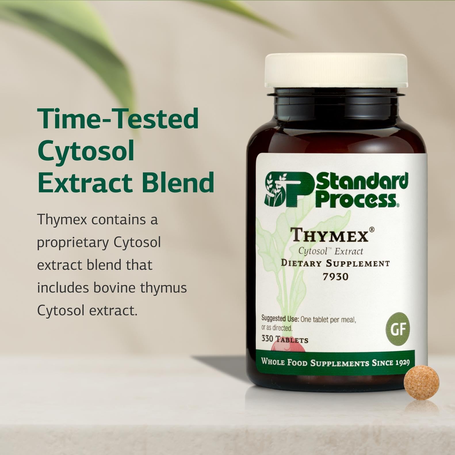 Standard Process Thymex cytosol bottle front-label highlights gluten-free, dairy-free, and soy-free features.