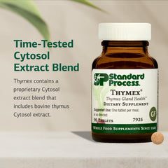 Close-up of Thymex tablets showing daily dosage for immune support