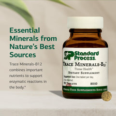 Standard Process Trace Minerals-B12 capsules on white surface for bone support
