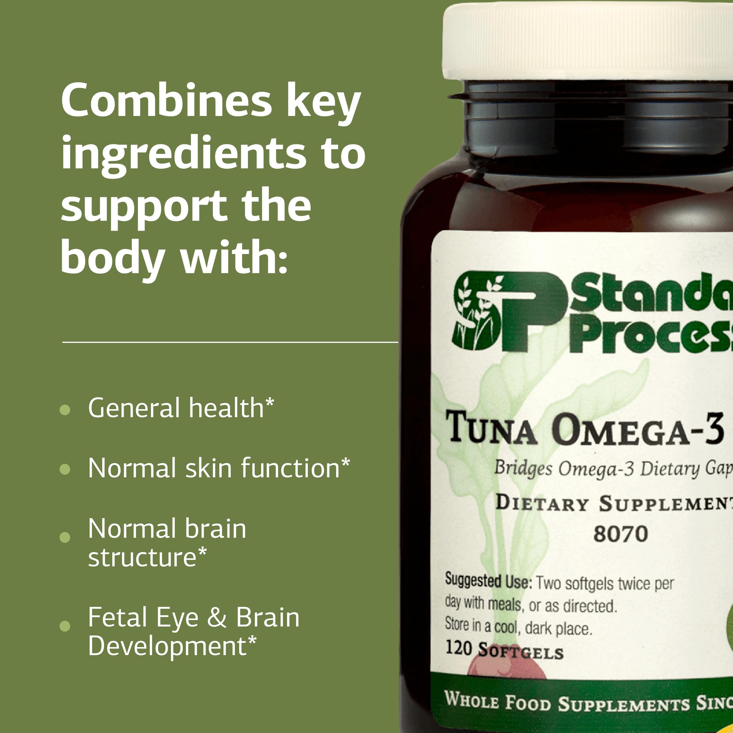 Standard Process tuna oil packaging conveys gluten-free and dairy-free features