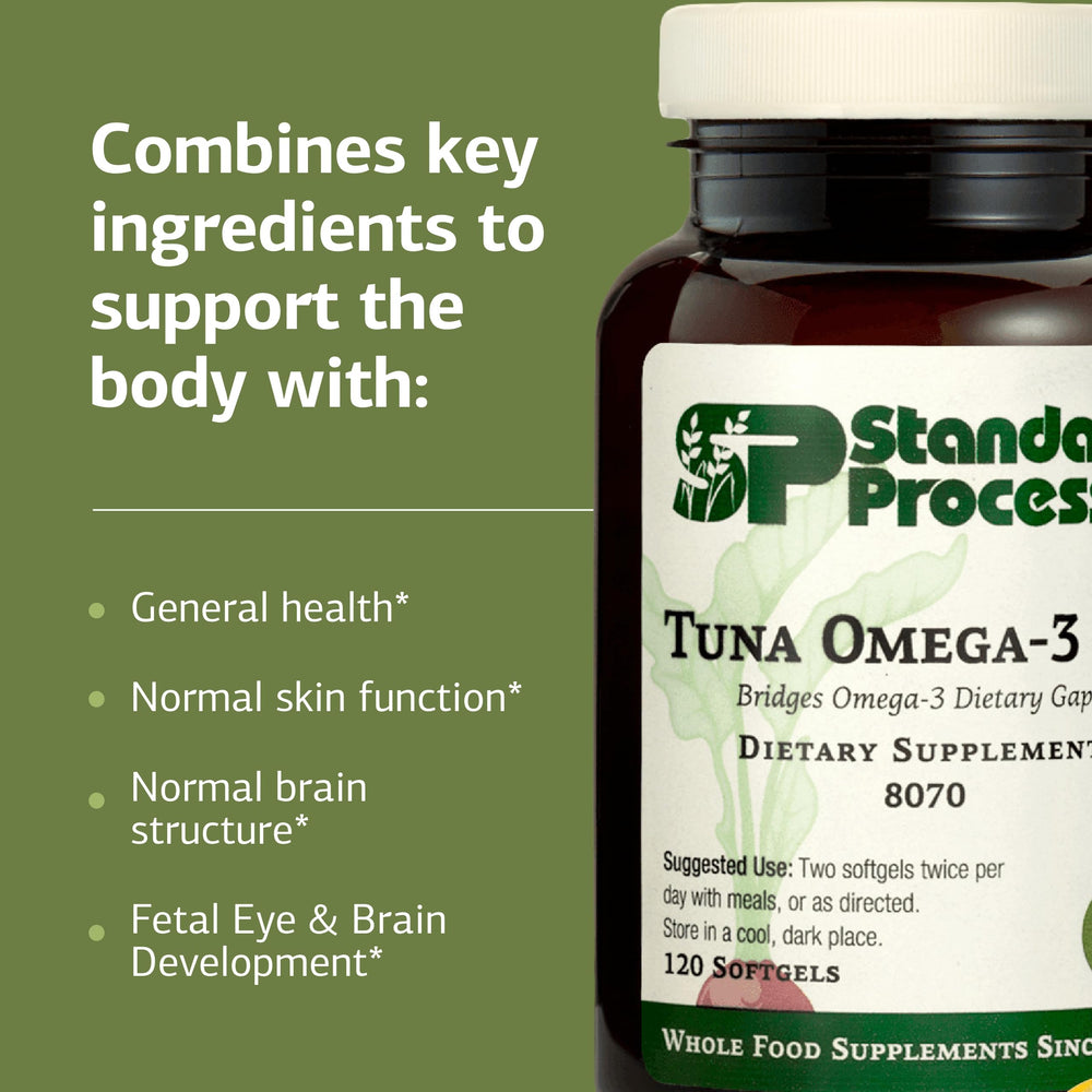 Standard Process tuna oil packaging conveys gluten-free and dairy-free features