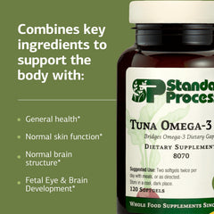 Standard Process tuna oil packaging conveys gluten-free and dairy-free features