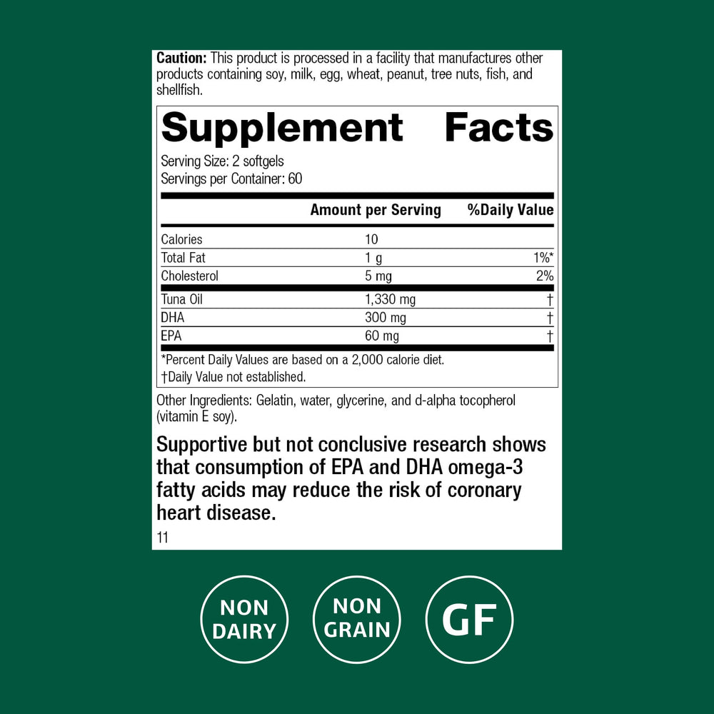 Standard Process Tuna Omega-3 Oil softgels close-up emphasizing EPA and DHA benefits