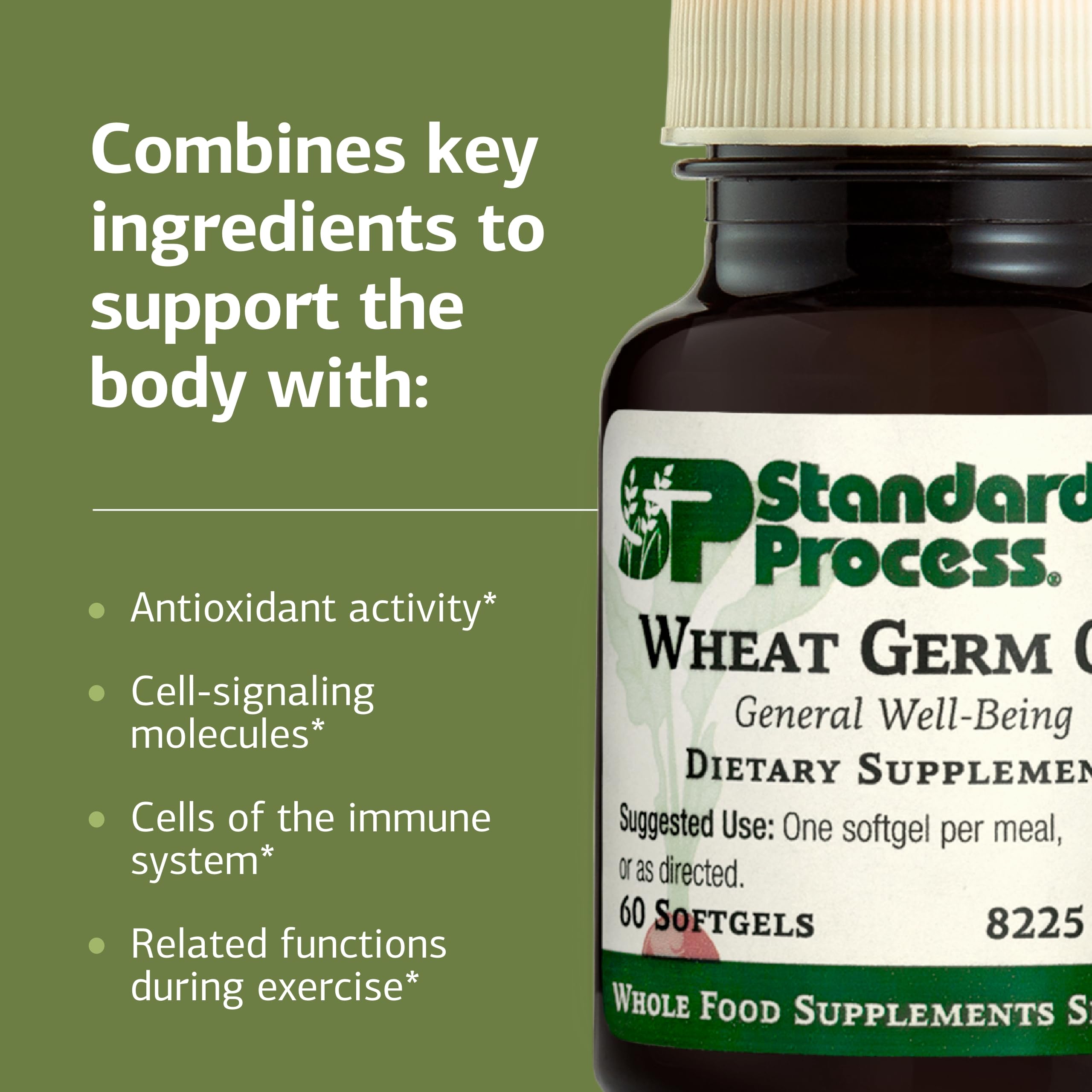 Standard Process Wheat Germ Oil capsule close-up showing easy-to-swallow softgel texture.