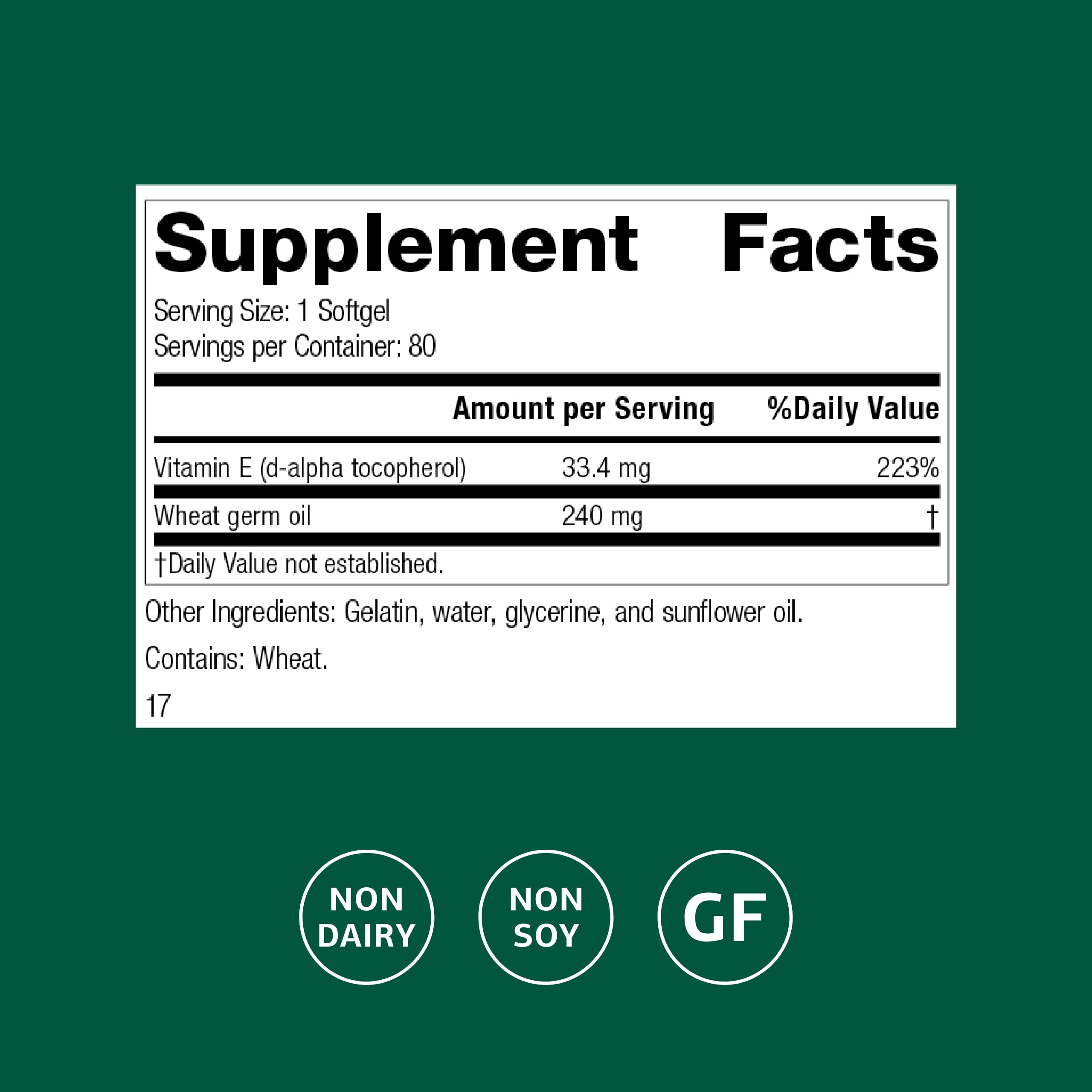 Standard Process Wheat Germ Oil Fortified bottle back detailing gluten-free and non-dairy benefits