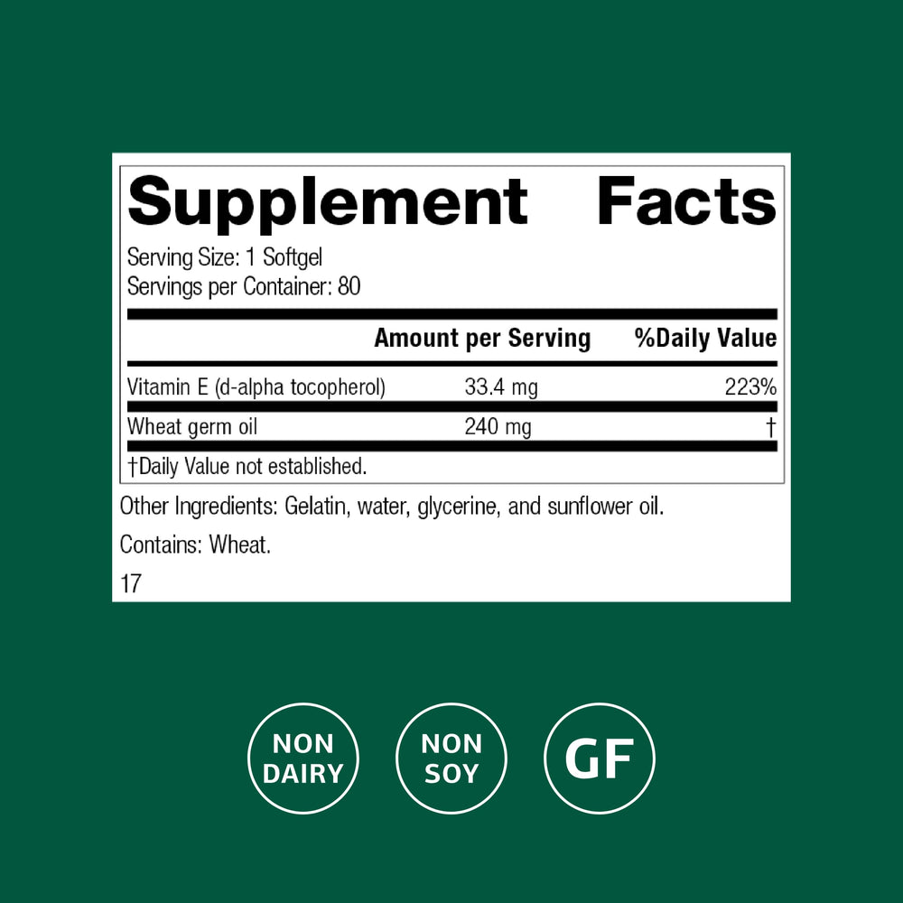 Standard Process Wheat Germ Oil Fortified bottle back detailing gluten-free and non-dairy benefits