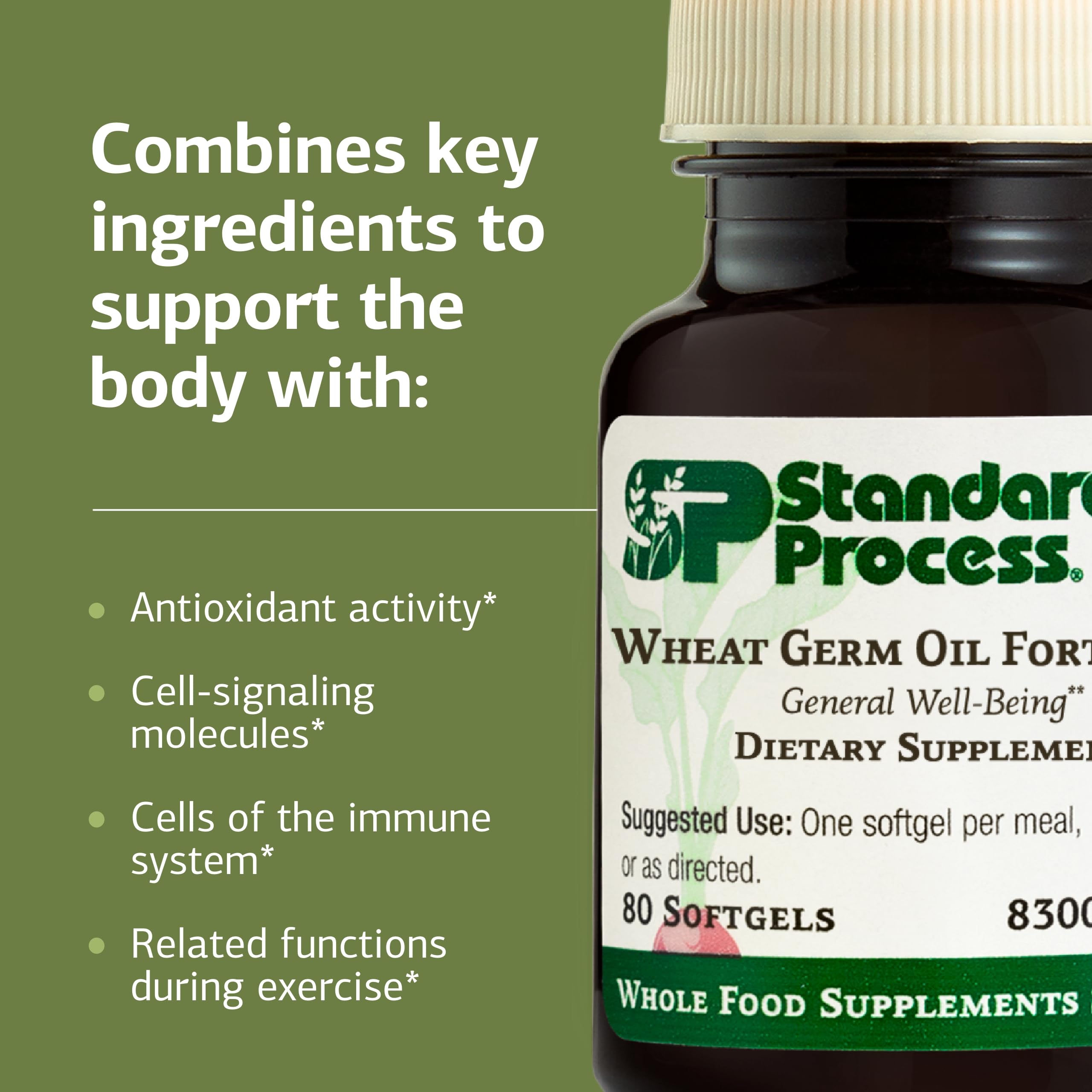Standard Process Wheat Germ Oil Fortified ingredients panel shows natural vitamin E source