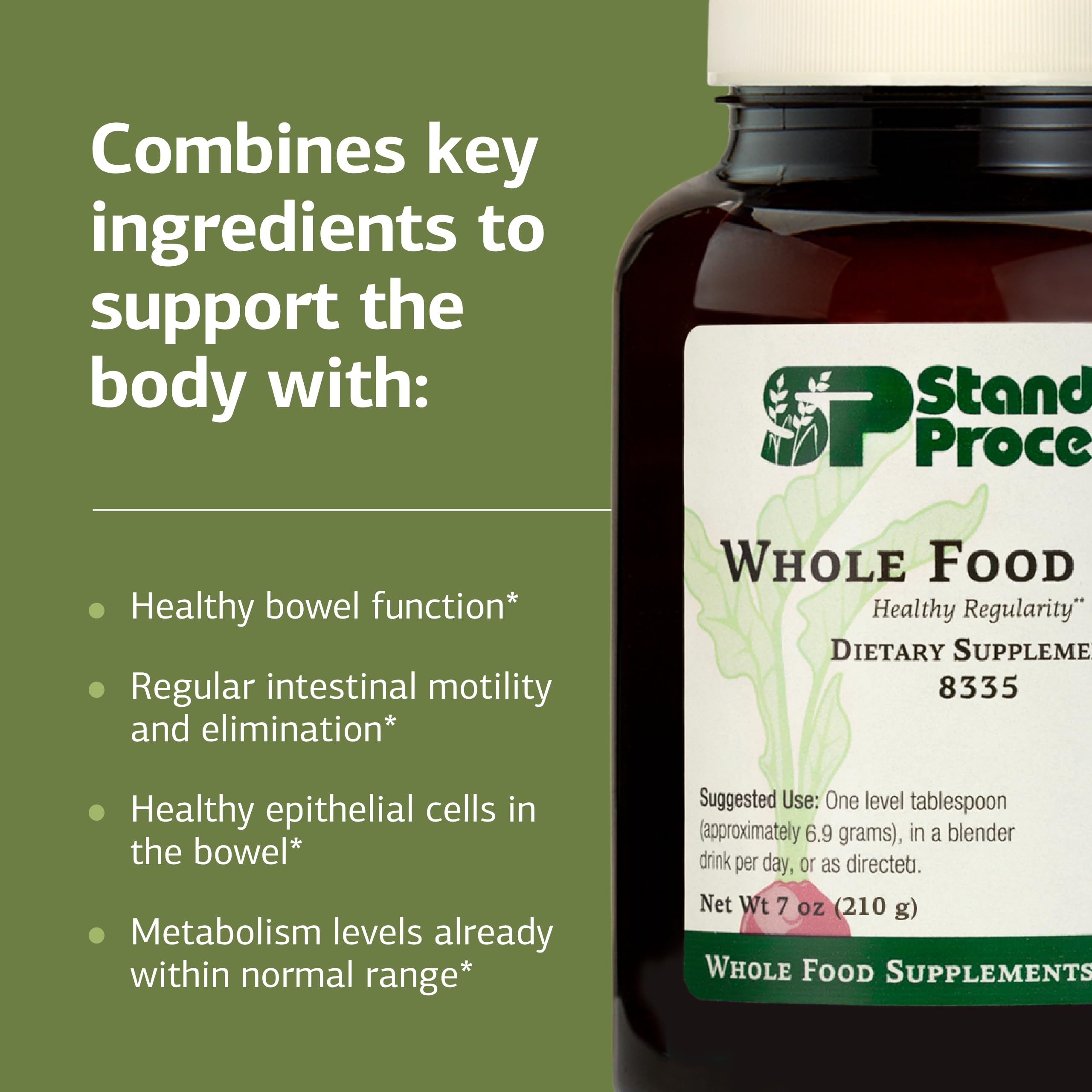 Standard Process Whole Food Fiber packaging highlights vegan, gluten-free, non-dairy features.