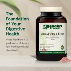 Standard Process Whole Food Fiber powder being poured into a glass for easy hydration.