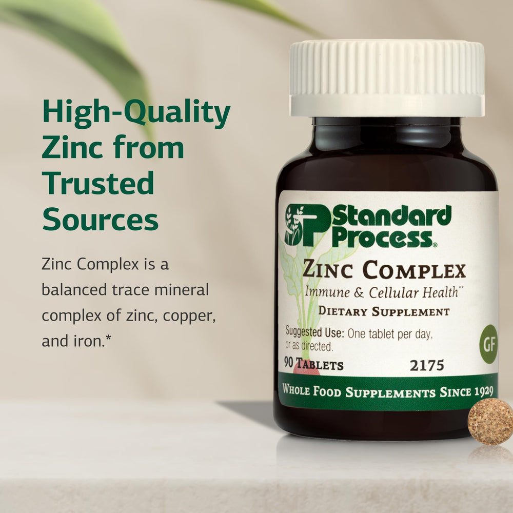 Standard Process Zinc Complex ingredients spotlight showing zinc, copper, iron synergy.
